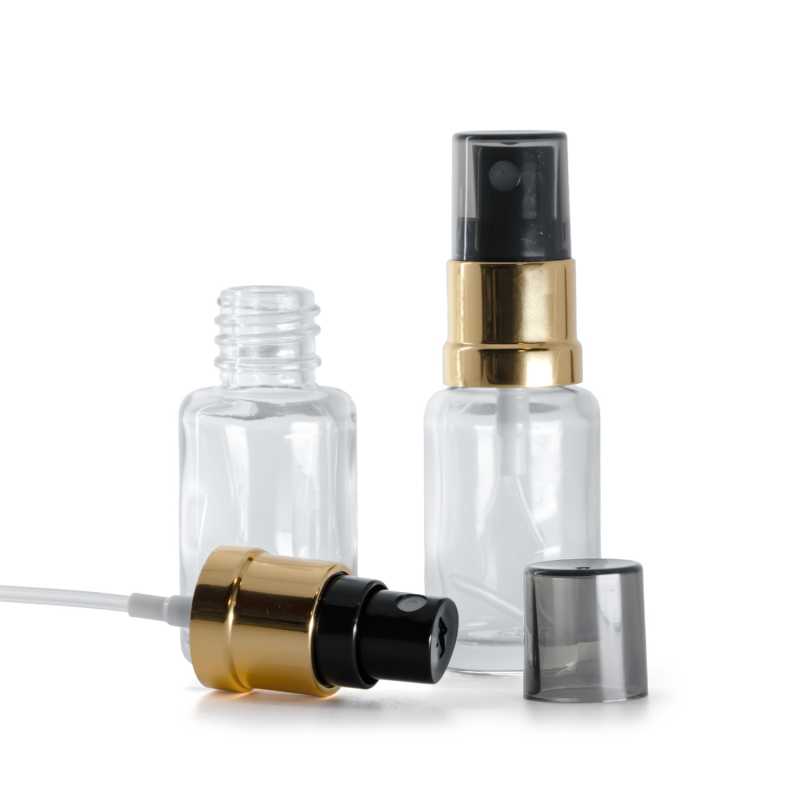 Clear Glass Bottle, Round, Glossy Gold Black Spray, Smokey Overcap, 12 ml