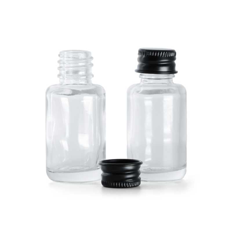 Clear Glass Bottle, Round, Black Aluminium Cap, 12 ml