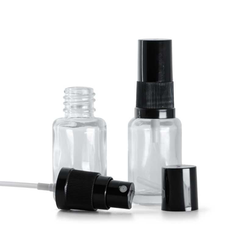 Clear Glass Bottle, Round, Black Fine Mist Sprayer, Black Overcap, 12 ml