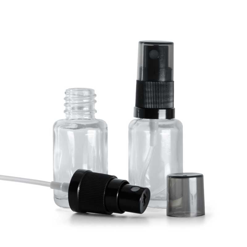 Clear Glass Bottle, Round, Black Fine Mist Sprayer, Smoky Overcap, 12 ml