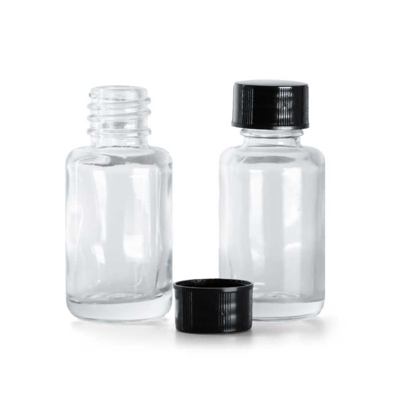 Clear Glass Bottle, Round, Black Cap, 12 ml