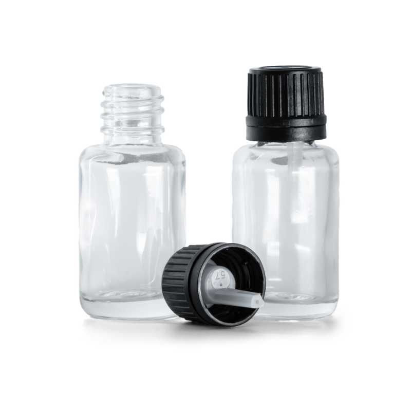 Clear Glass Bottle, Round, Black Cap & Dropper, 12 ml