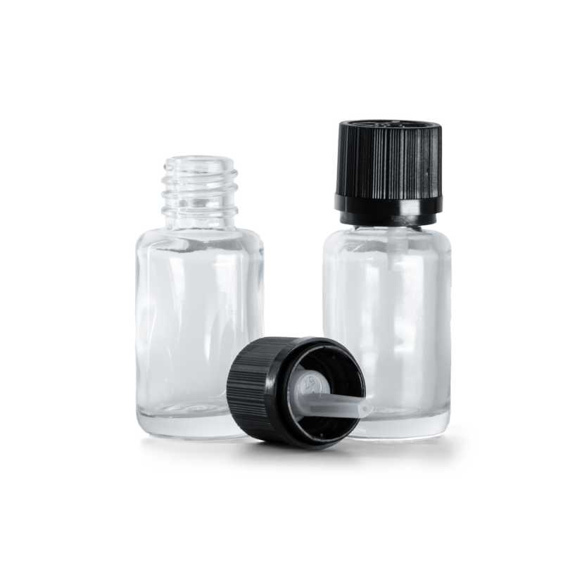 Clear Glass Bottle, Round, Black Safety Cap & Dropper, 12 ml