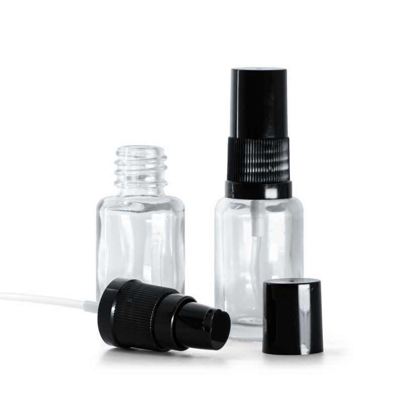 Clear Glass Bottle, Round, Black Lotion Pump with Black Overcap, 12 ml
