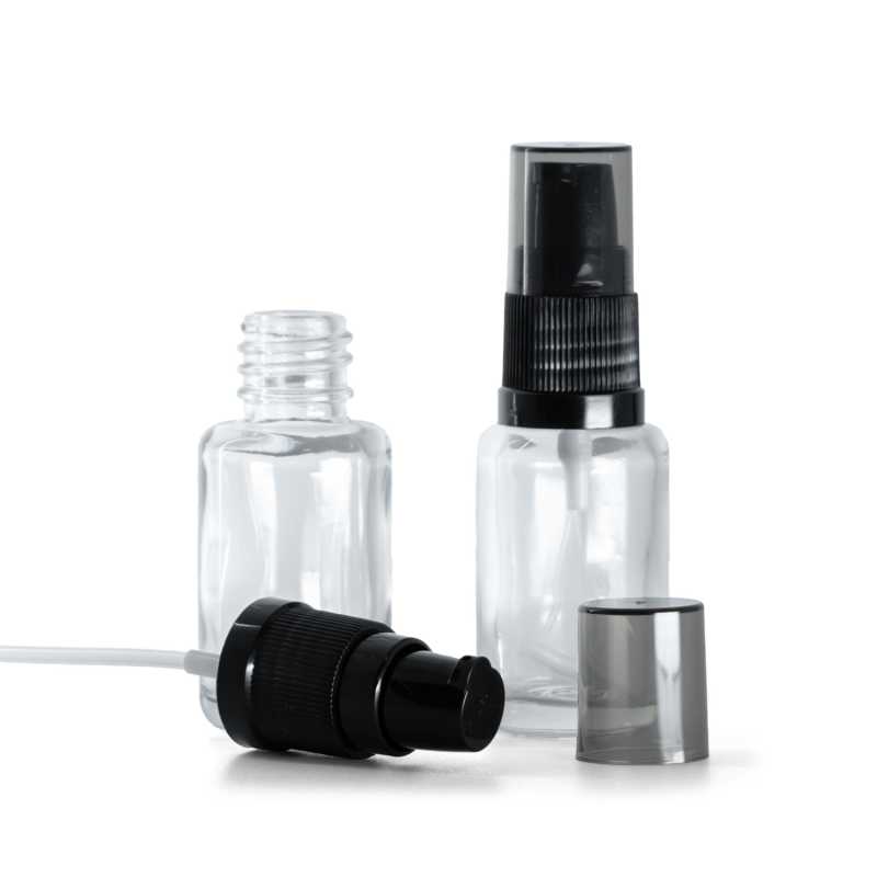 Clear Glass Bottle, Round, Black Lotion Pump with Smokey Overcap, 12 ml