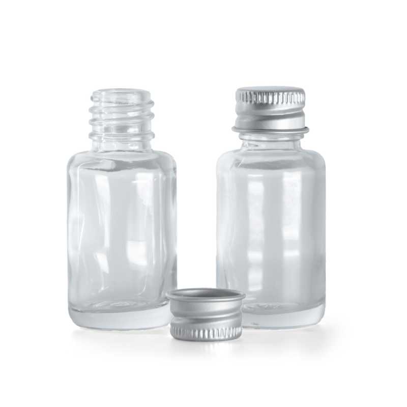 Clear Glass Bottle, Round, Silver Aluminium Cap, 12 ml