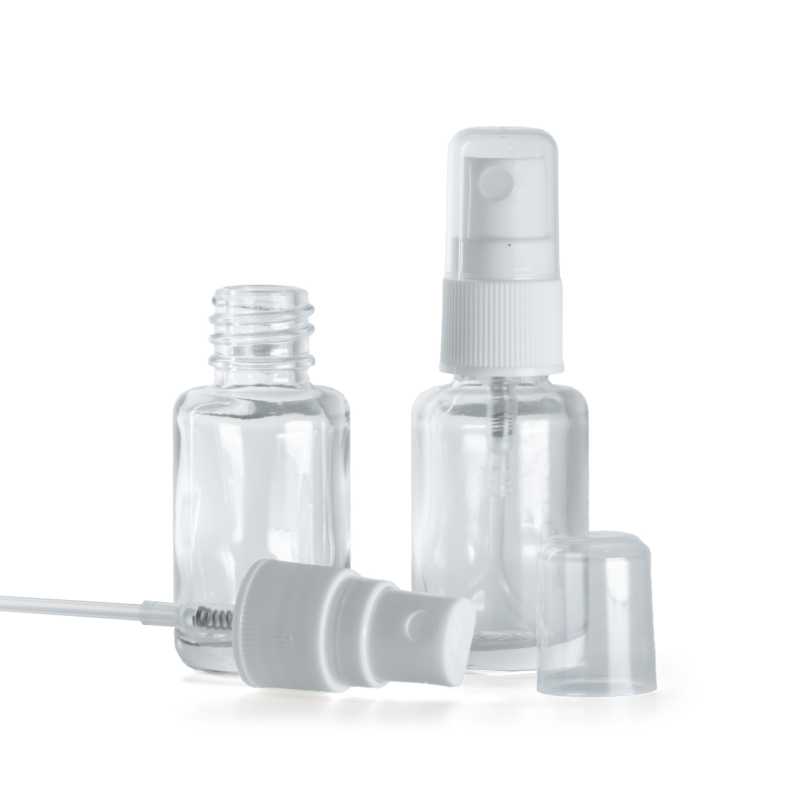 Clear Glass Bottle, Round, White Spray Pump For Plastic Bottle, 12 ml