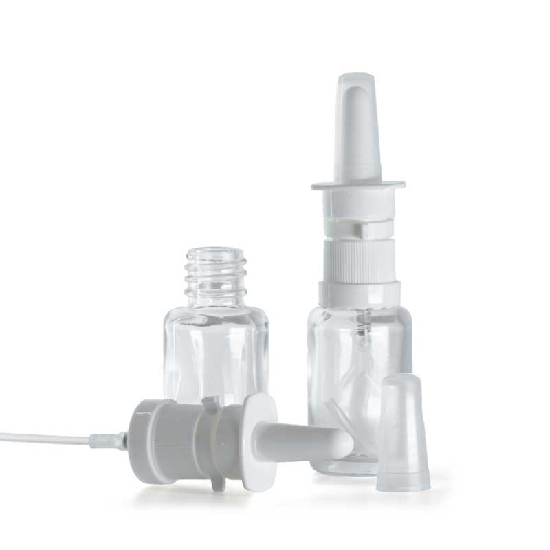 Clear Glass Bottle, Round, White Nasal Spray, 12 ml