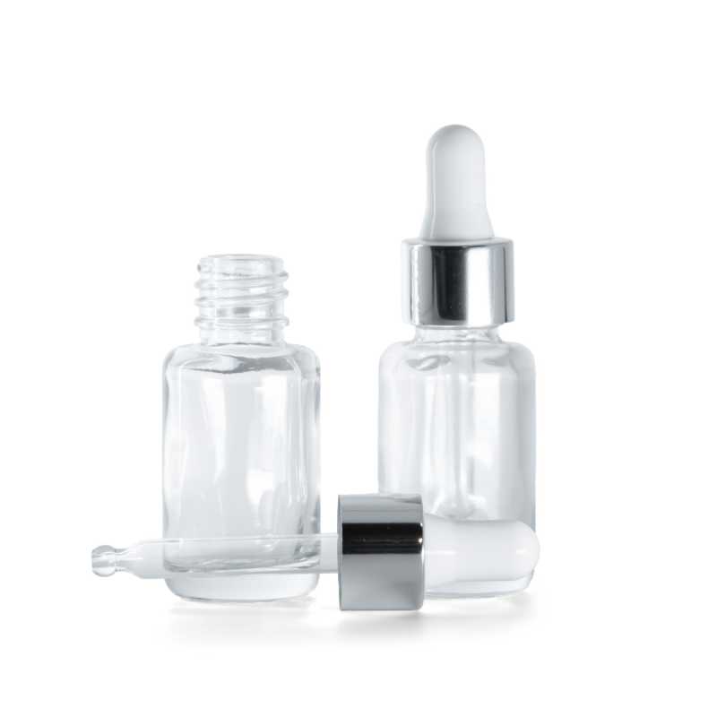 Clear Glass Bottle, Round, Glossy Silver White Dropper, 12 ml