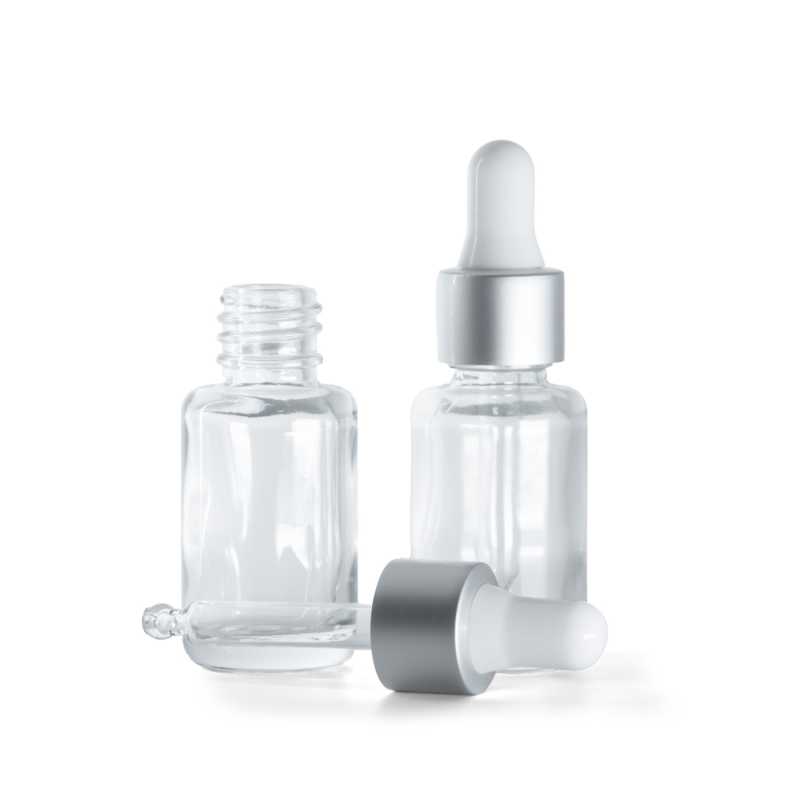 Clear Glass Bottle, Round, Matte Silver White Dropper, 12 ml