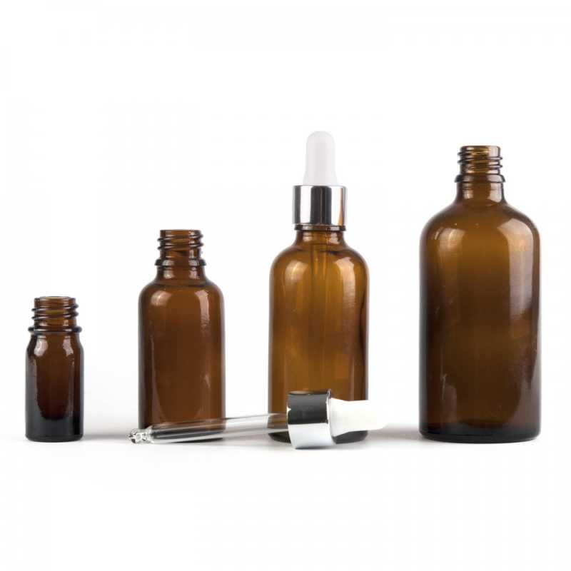 Amber Glass Bottle, Glossy Silver White Dropper, 15 ml