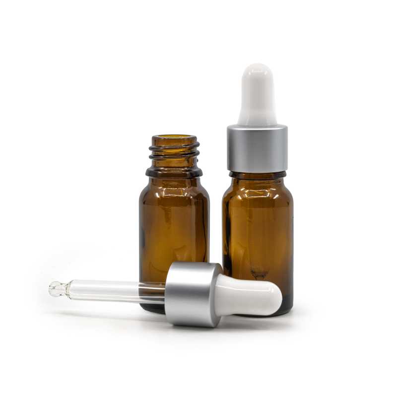 Amber Glass Bottle, Matte Silver White Dropper, 10 ml