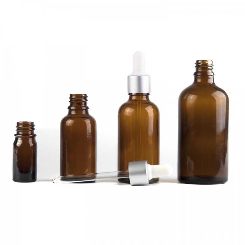 Amber Glass Bottle, Matte Silver White Dropper, 30 ml