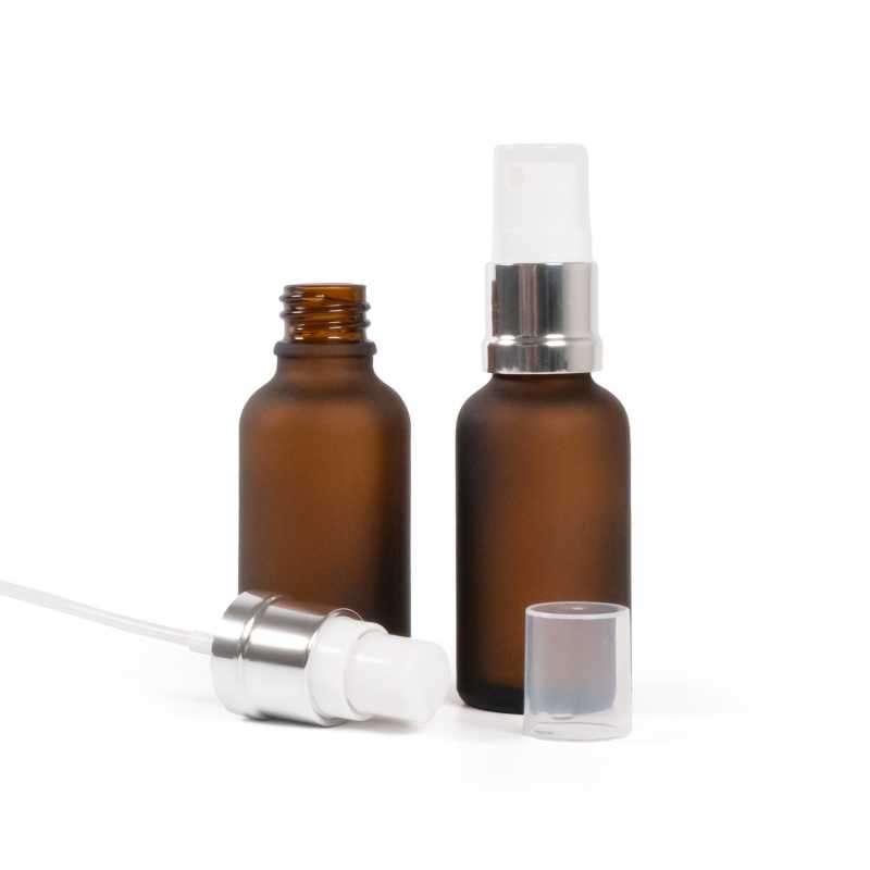 Amber Matte Glass Bottle, Silver White Spray, 30 ml