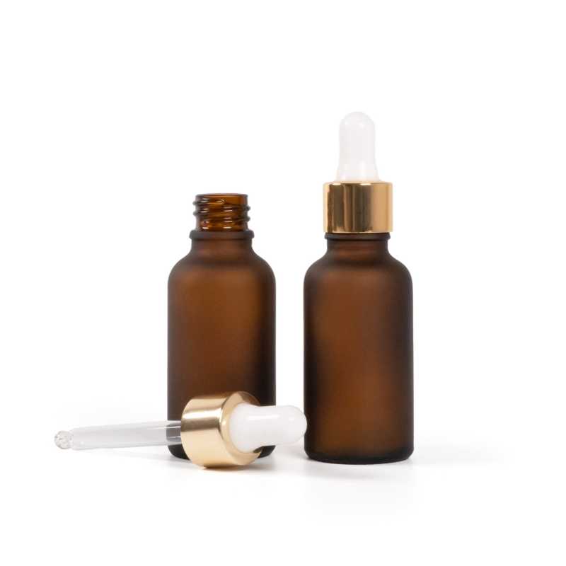 Amber Matte Glass Bottle, Gold White Dropper, 30 ml