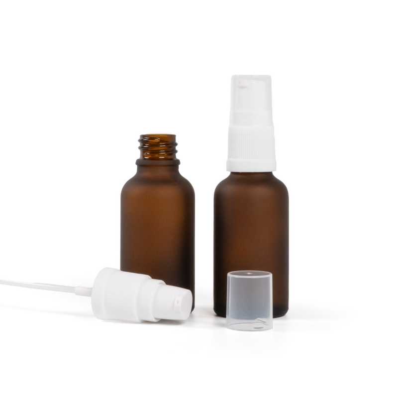 Amber Matte Glass Bottle, White Lotion Pump, 30 ml