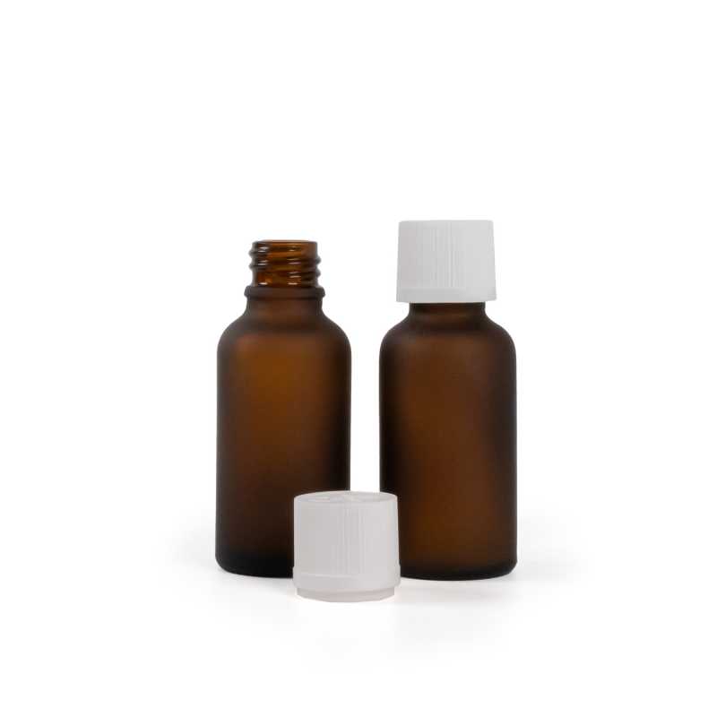 Amber Matte Glass Bottle, White Tamper Evident Safety Cap & Dropper, 30 ml
