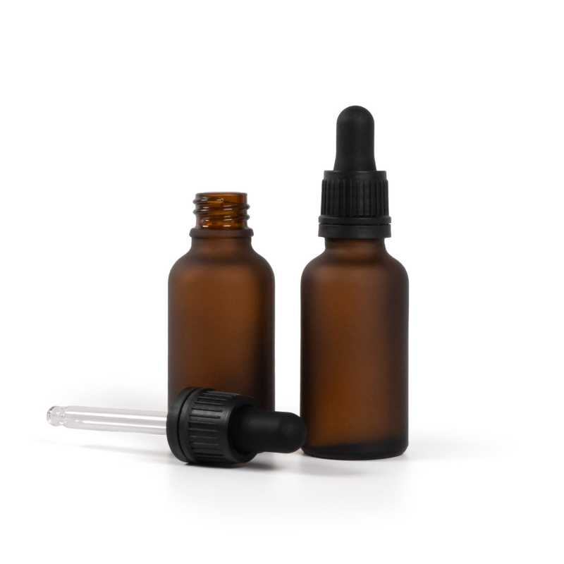 Amber Matte Glass Bottle, Black Tamper Evident Dropper, 30 ml