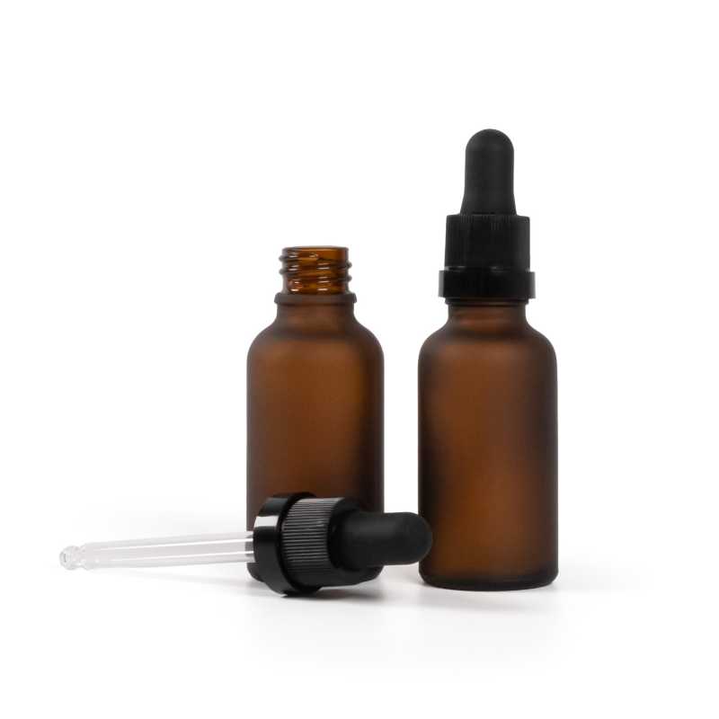 Amber Matte Glass Bottle, Matte Black Dropper With Shiny Strip, 30 ml
