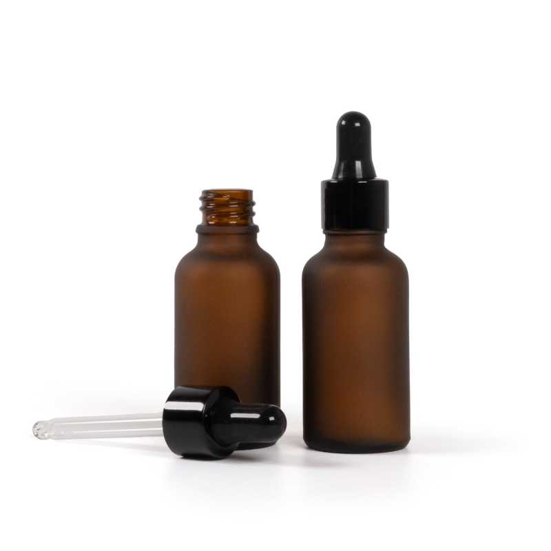 Amber Matte Glass Bottle, Glossy Black Dropper, 30 ml
