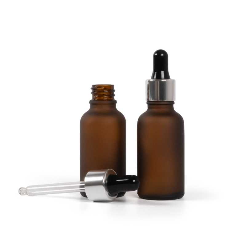 Amber Matte Glass Bottle, Glossy Silver Black Dropper, 30 ml
