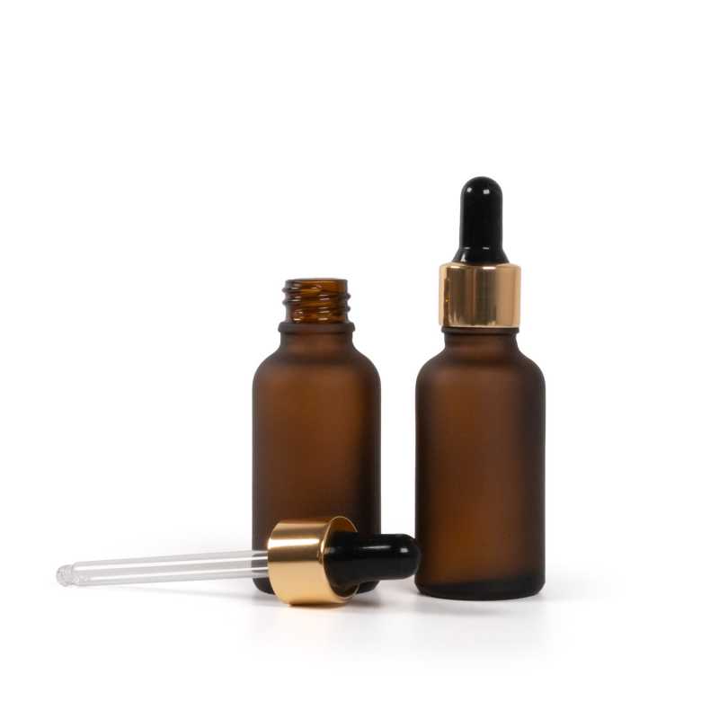 Amber Matte Glass Bottle, Gold Black Dropper, 30 ml