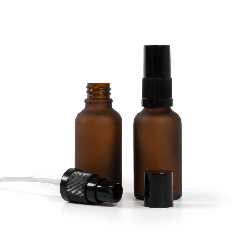 Amber Matte Glass Bottle, Black Lotion Pump with Black Overcap, 30 ml