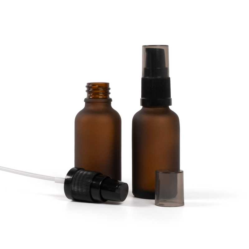 Amber Matte Glass Bottle, Black Lotion Pump with Smoky Overcap, 30 ml