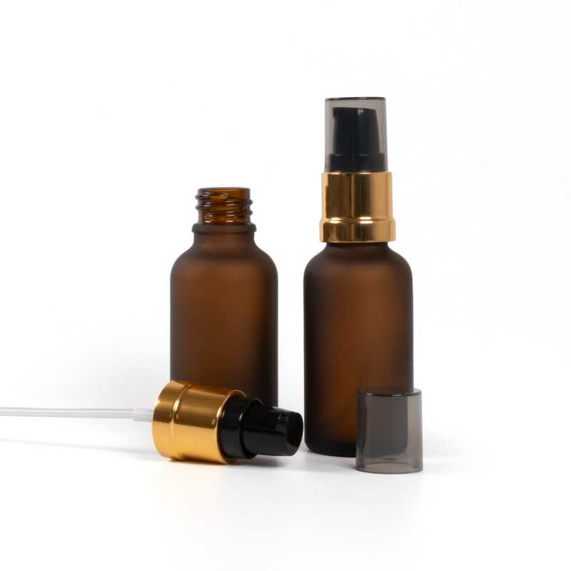 Amber Matte Glass Bottle, Glossy Gold Black Pump, 30 ml