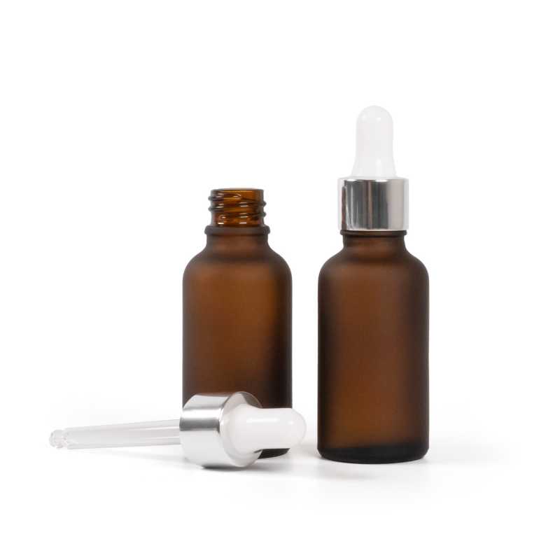 Amber Matte Glass Bottle, Glossy Silver White Dropper, 30 ml