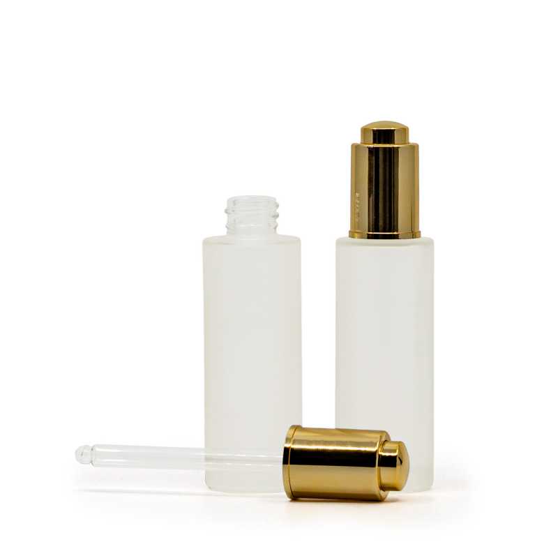 Frosted Glass Bottlee, Slim, Gold Push Dropper, 30 ml