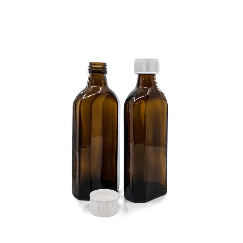 Amber Medicine Glass Bottle, Rectangular, PP28S, White Safety Cap, 250 ml