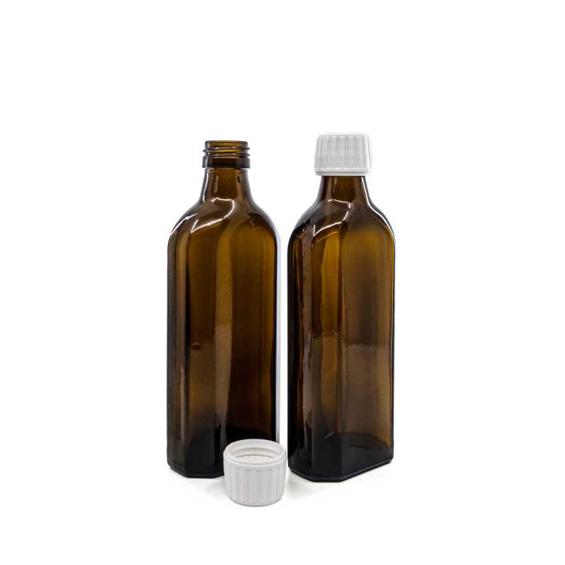 Amber Medicine Glass Bottle, Rectangular, PP28S, White Cap, 250 ml