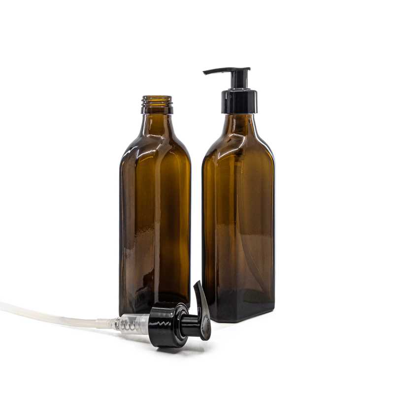 Amber Medicine Glass Bottle, Rectangular, PP28S, Black Smooth Pump, 250 ml