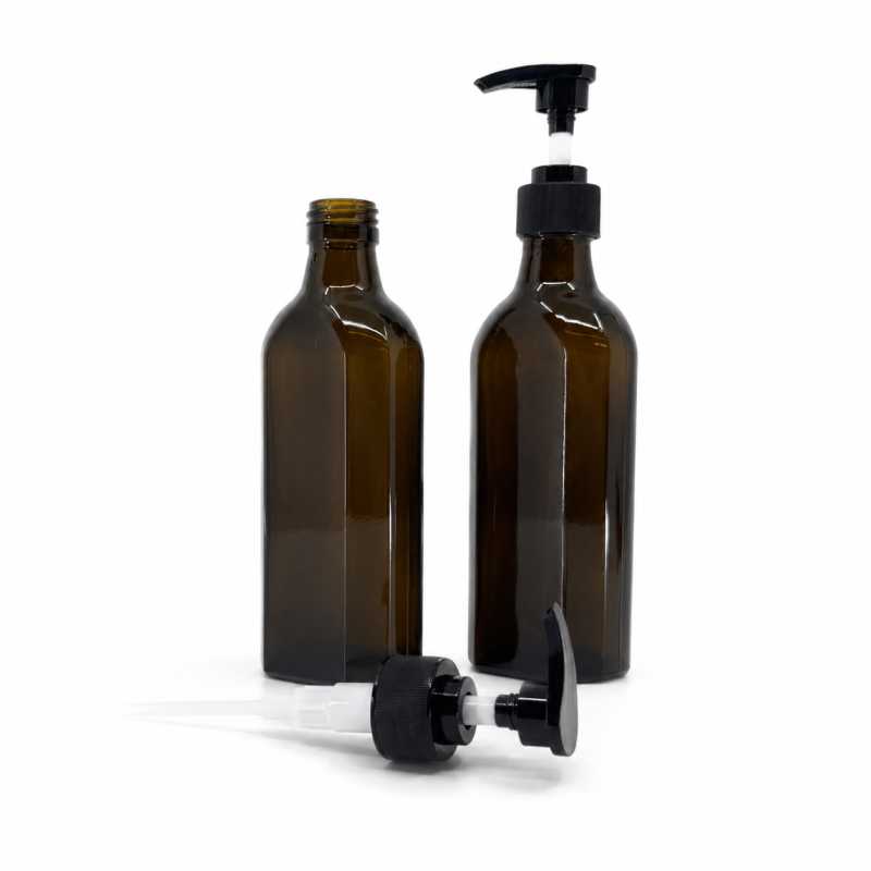 Amber Medicine Glass Bottle, Rectangular, PP28S, Black Ribbed Pump, 250 ml