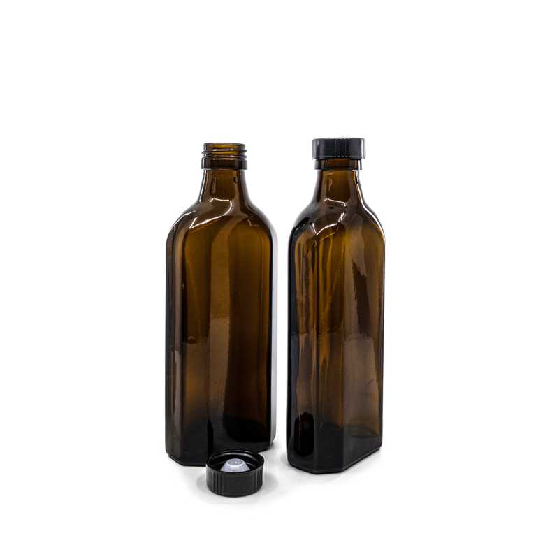 Amber Medicine Glass Bottle, Rectangular, PP28S, Bakelite Black Cap, 250 ml