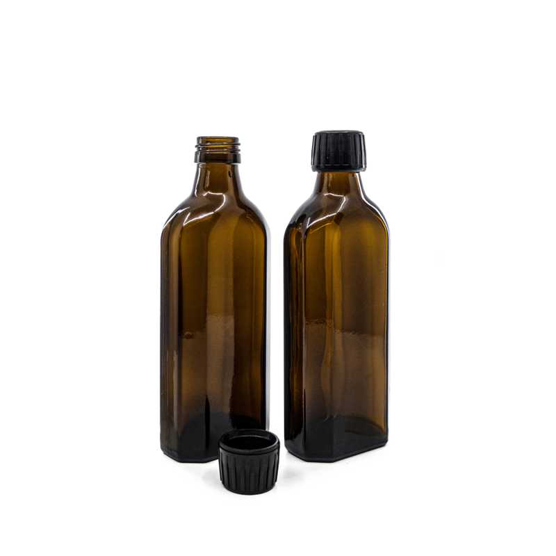 Amber Medicine Glass Bottle, Rectangular, PP28S, Black Cap, 250 ml