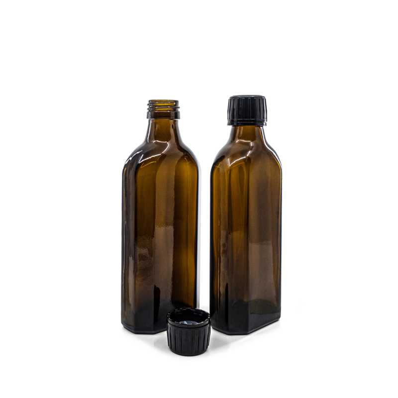 Amber Medicine Glass Bottle, Rectangular, PP28S, Black Cap & Pourer, 250 ml