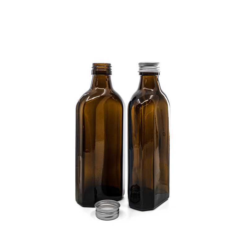 Amber Medicine Glass Bottle, Rectangular, PP28S, Silver Aluminium Cap, 250 ml