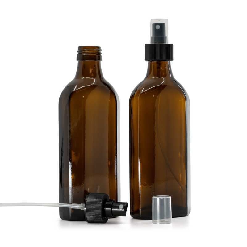 Amber Medicine Glass Bottle, Rectangular, PP28S, Fine Mist Sprayer, Black, Ribbed Collar, 250 ml