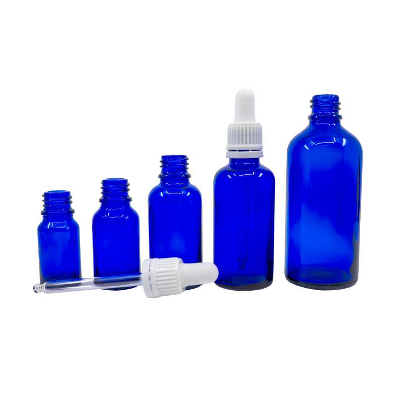 Blue Glass Bottle, White Dropper, 10 ml