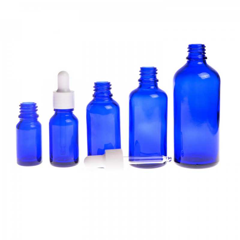 Glass bottle, so called vial, made of thick glass of dark blue colour. It is used for storing liquids, which, thanks to its colour, it effectively protects from