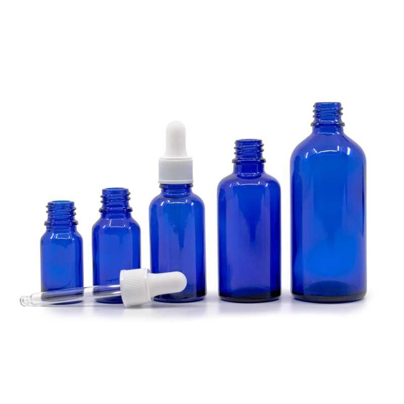 Glass bottle, so called vial, made of thick glass of dark blue colour. It is used for storing liquids, which, thanks to its colour, it effectively protects from