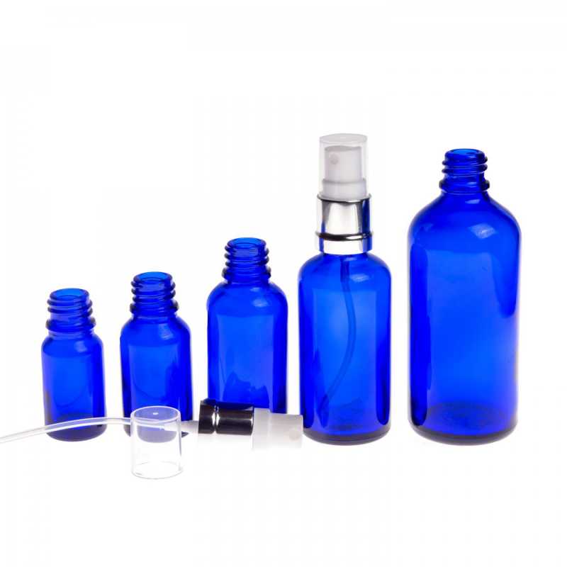 Blue Glass Bottle, Glossy Silver White Spray, 15 ml