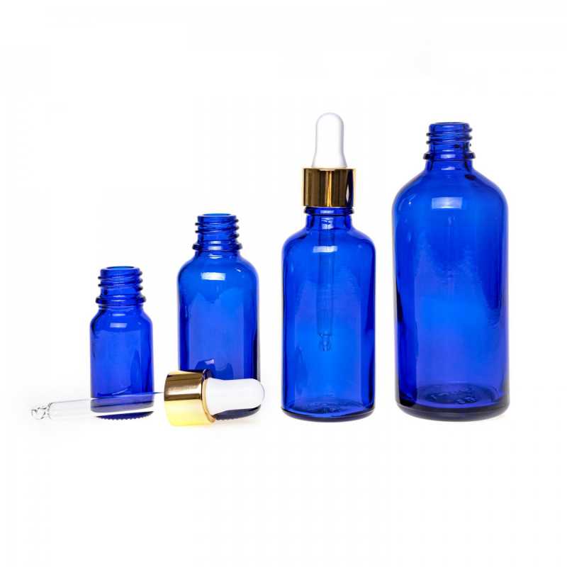 Blue Glass Bottle, Gold White Dropper, 15 ml