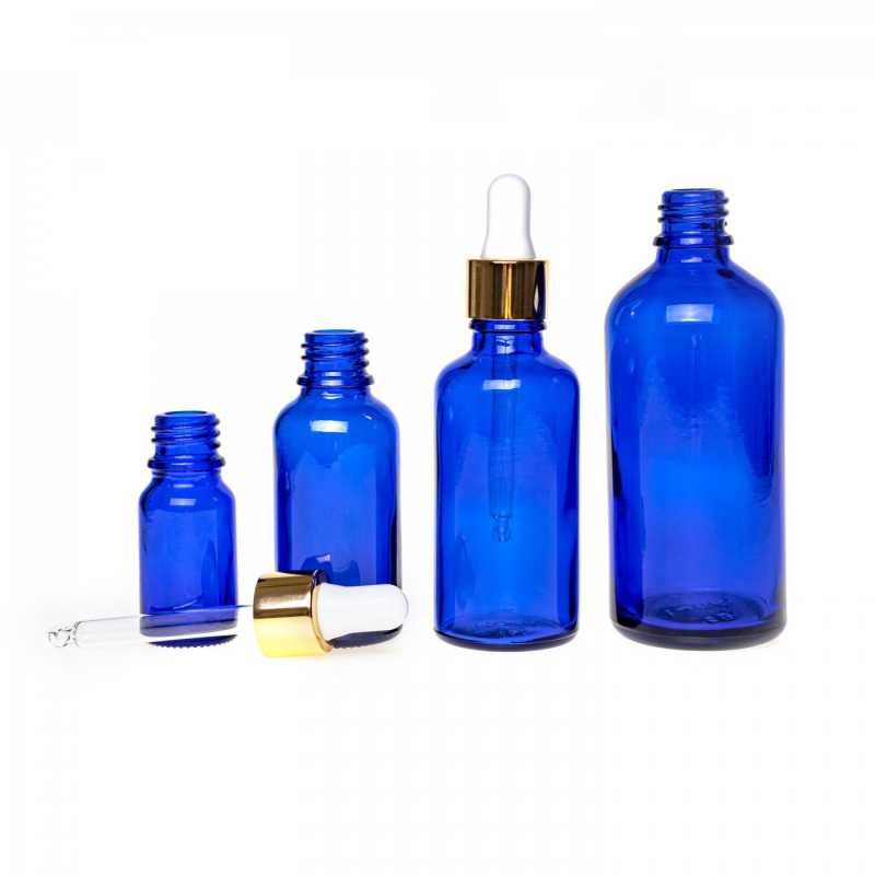 Glass bottle, so called vial, made of thick glass of dark blue colour. It is used for storing liquids, which, thanks to its colour, it effectively protects from