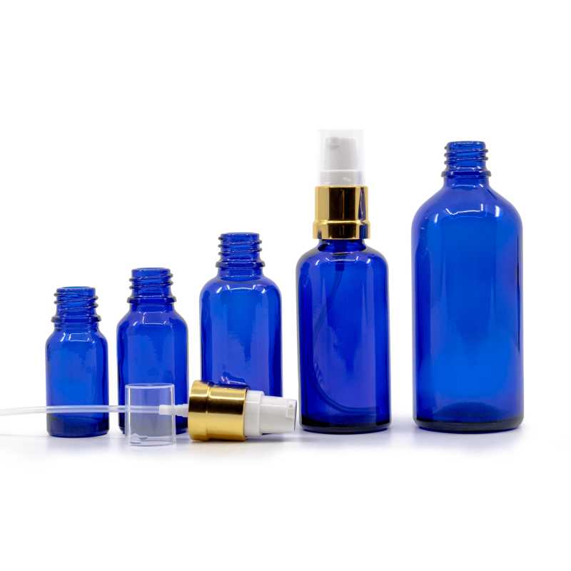 Glass bottle, so called vial, made of thick glass of dark blue colour. It is used for storing liquids, which, thanks to its colour, it effectively protects from