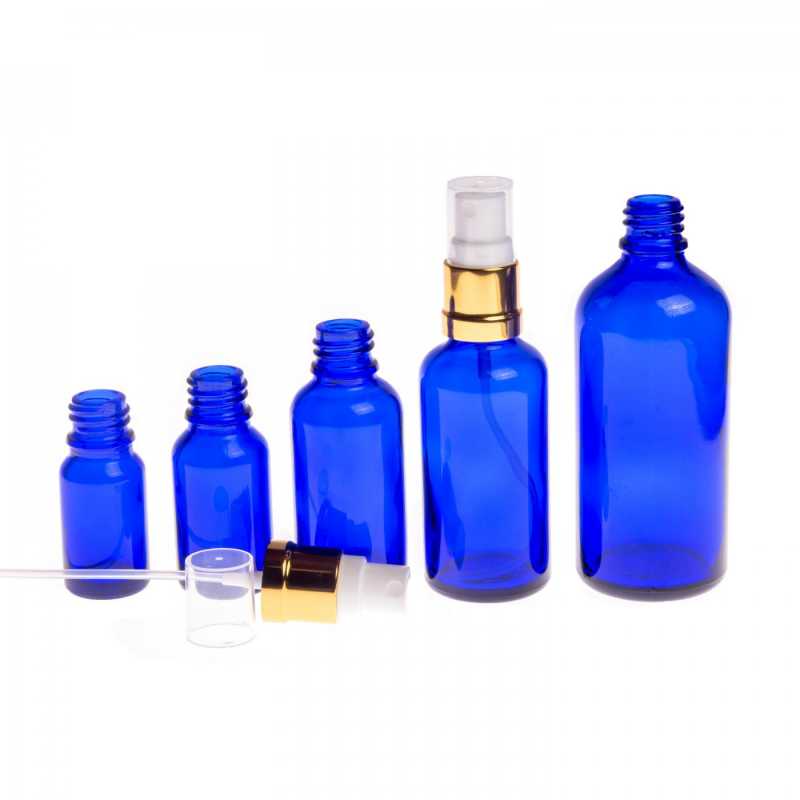 Blue Glass Bottle, Glossy Gold White Spray, 30 ml