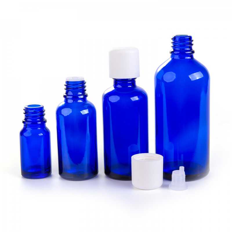 Glass bottle, so called vial, made of thick glass of dark blue colour. It is used for storing liquids, which, thanks to its colour, it effectively protects from