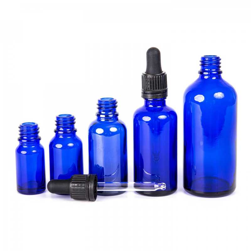 Glass bottle, so called vial, made of thick glass of dark blue colour. It is used for storing liquids, which, thanks to its colour, it effectively protects from